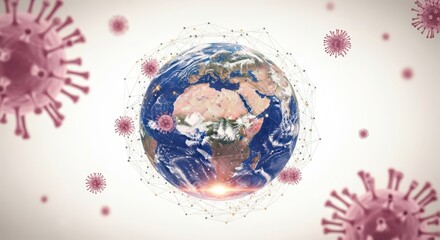 Digital illustration of the global pandemic surrounding Earth, featuring stylized virus particles and network connections.
