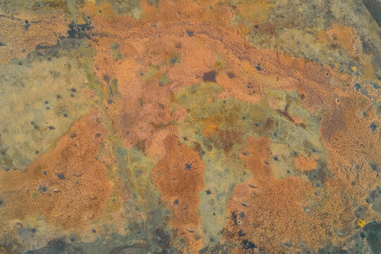 Aerial top down view of dry swamp reeds and wetland heavily scarred by shell craters. War zone ecocide and abstract orange texture background.