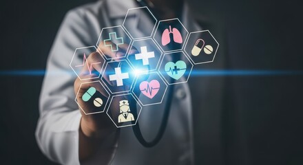 Doctor in a white coat touching a glowing digital interface displaying essential medical and diagnostic icons in a dark, professional setting.