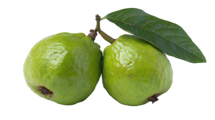 Two green guavas with a leaf isolated on transparent background