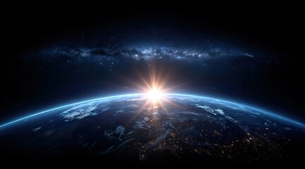 Obraz premium Earth rises with sun flares and galactic background