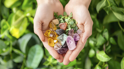 Healing crystals and herbs held in hands surrounded by greenery evoke sense of tranquility and connection to nature