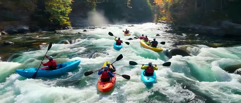 Adventurous group of kayakers navigating thrilling whitewater rapids on a scenic river.