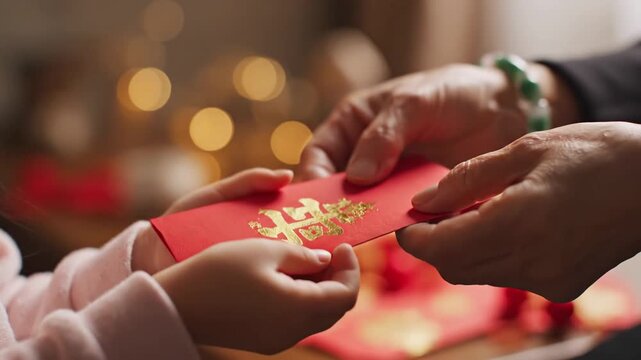 An elder's hand gives a red envelope with gold characters to a child