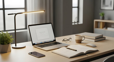 Stylish home office desk with laptop computer and essential work items