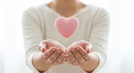 Fototapeta premium Photorealistic close-up of cupped hands presenting a soft pastel pink heart levitating above the palms indoors, symbolizing care and love.