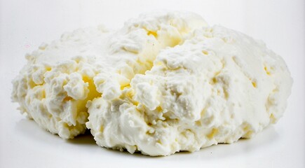 Artisanal organic cottage cheese with large, tender curds and fresh cream, showcasing traditional cheese-making craftsmanship, isolated on clean white background.