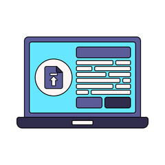 Laptop Upload Flat design style, notebook with upload screen, ideal for cloud storage, online transfer, and digital process graphics.
