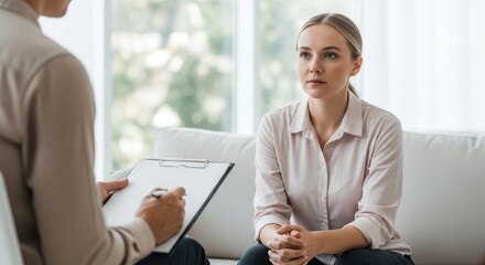 Focused young woman speaking with a professional therapist during an indoor counseling session, while the counselor takes notes on a clipboard.