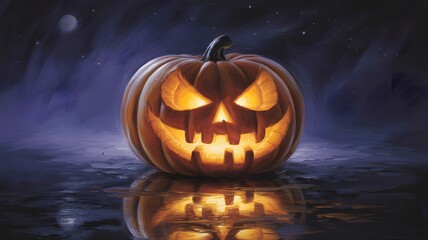 Lit Jack OLantern on Dark Night Halloween Decoration