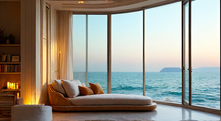 Obraz premium Serene Coastal Living Room with Ocean View at Sunset