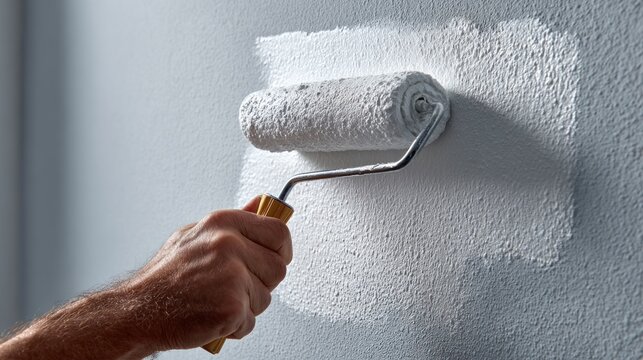 Worker applying white primer paint to a wall with a roller