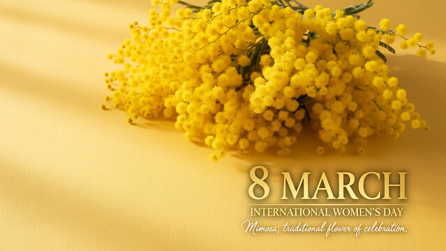 Mimosa fresh flowers on yellow background copy space 8 march day background mimose is traditional flowers for international womans day 8 of march