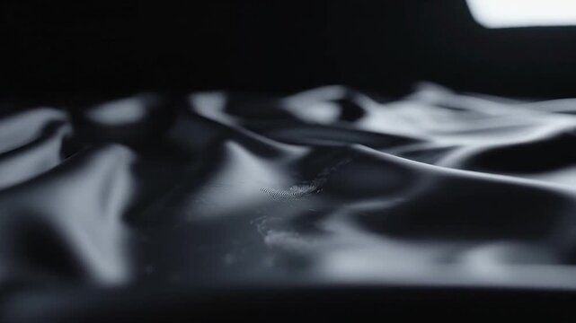 Smooth, dark, flowing fabric with subtle, reflective creases and soft lighting