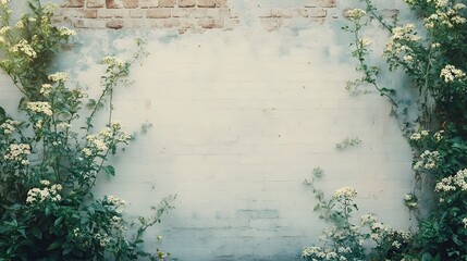 White brick wall background framed by wild climbing flowers and green leaves with ample central copy space for text placement.