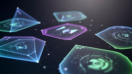 Abstract futuristic polygonal shapes floating in a dark space with glowing neon light effects creating a digital and technological atmosphere