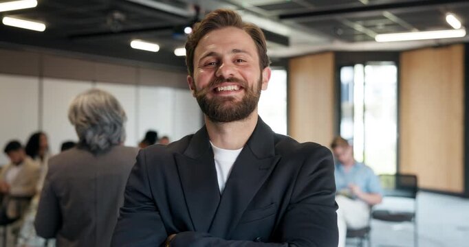 Crossed arms, conference and face of business man in office for financial workshop, seminar and convention. Corporate, happy and portrait of person for networking event, finance expo and meeting