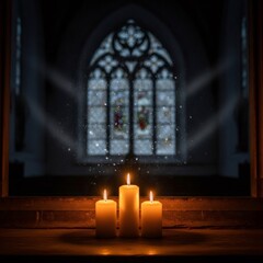 Three lit candles glowing on a wooden window sill with a stained glass church window and falling snow in the background for Epiphany.