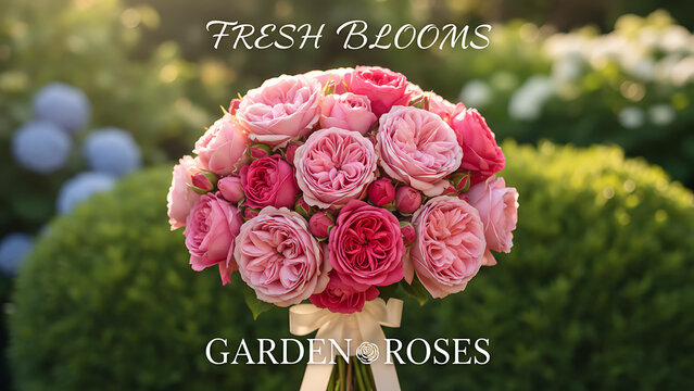 Pink blooming fresh roses with buds posy in green garden banner