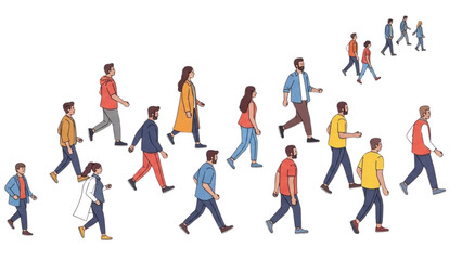 Vector illustration of a diverse crowd of people walking in an endless procession.