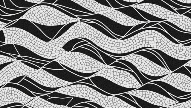 Abstract Illustration of a Flowing Black and White Wavy Mosaic Pavement