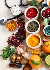 Assortment of herbal and tablets, vitamins and dietary supplements. Healthy life