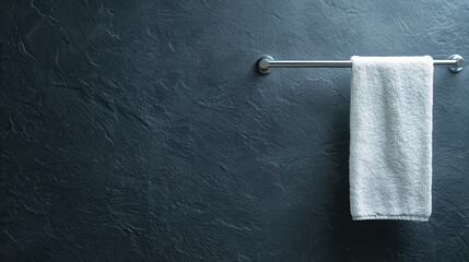 Clean white towel hanging on silver towel bar against textured dark wall, creating modern and minimalist aesthetic