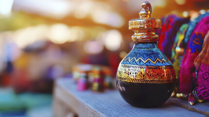 Beautifully crafted decorative bottle with intricate designs, showcasing vibrant colors and artistic patterns, captures