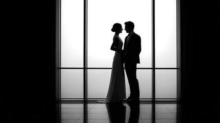 Bride and groom silhouetted against a large window with minimalist framing