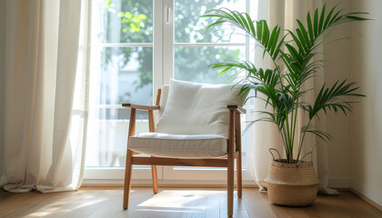 Simple Daylight-Lit Reading Corner with Wooden Chair, Fabric Cushion, and Tall Indoor Plant