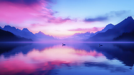Serene lake scene at sunset with vibrant colors reflecting on water, featuring swans gracefully gliding