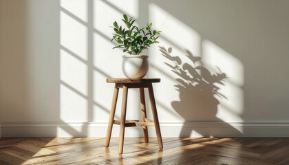Sunbeam Hitting Wooden Stool with Small Ceramic Pot and Green Plant in a Quiet Room