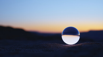 Crystal orb reflecting serene sunset in mystical desert landscape, creating tranquil and enchanting atmosphere