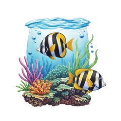 Watercolor Two striped fish in coral reef isolated on a transparent background