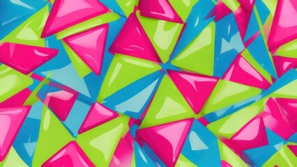 Abstract, glossy, multicolored triangular shapes overlap, creating a vibrant and dynamic design