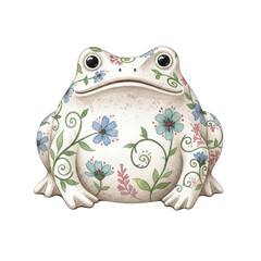 Watercolor White frog with blue and pink floral pattern isolated on a transparent background