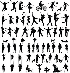 Human silhouette grid showing dynamic activities, walking, biking, dancing, jumping, swinging, pet interaction, expressive motion poses, flat vector