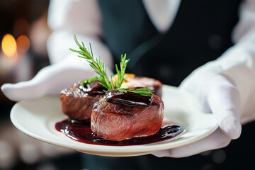 Professional waiter in white gloves presenting filet mignon with red wine reduction and rosemary garnish in a fine dining restaurant