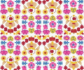 Colorful Retro Floral Seamless Pattern Vector Wallpaper with Vintage Nature Elements