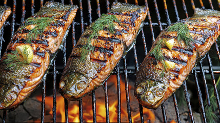 Grilled salmon fillets with dill and lemon on barbecue grill, showcasing delicious and appetizing presentation