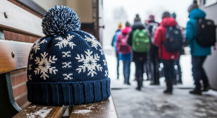 Knitted winter hat with snowflakes on bench in snowy outdoor setting
