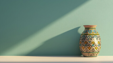 Handcrafted ceramic vase with intricate patterns, placed against turquoise wall, casting soft shadow