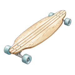 Watercolor Wooden longboard skateboard with blue wheels isolated on a transparent background