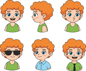 Cartoon boy character set, facial expressions, outfit variations, curly hair, blue eyes, emotion icons, kids theme - flat vector illustration