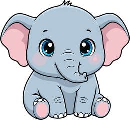 Cartoon baby elephant sitting, cute animal, big blue eyes, pink ears, friendly expression, kids theme - flat vector illustration