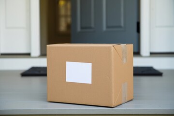 Brown cardboard delivery box left on front step outside a suburban home doorway