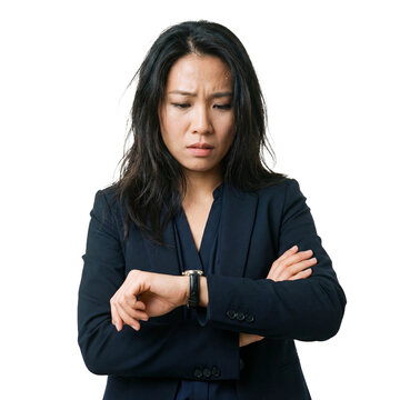 Asian business woman checking wrist watch waist up isolated white background png transparent cutout female time schedule deadline late hurry corporate punctuality management impatience studio shot 