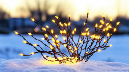 Bright holiday lights illuminate snowy landscape, creating warm and festive atmosphere