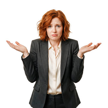 Redhead business woman confused shrugging shoulders waist up isolated white background png transparent cutout female doubt ignorance question unsure corporate gesture problem studio shot person