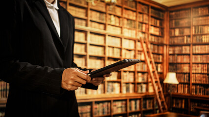 Professional woman holding digital tablet inside library, representing information management, cataloging, evolving responsibilities of modern librarians in physical, digital knowledge environments.